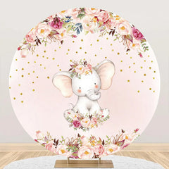 Aperturee - Pink Floral Dot Elephant Round Baby Shower Backdrop