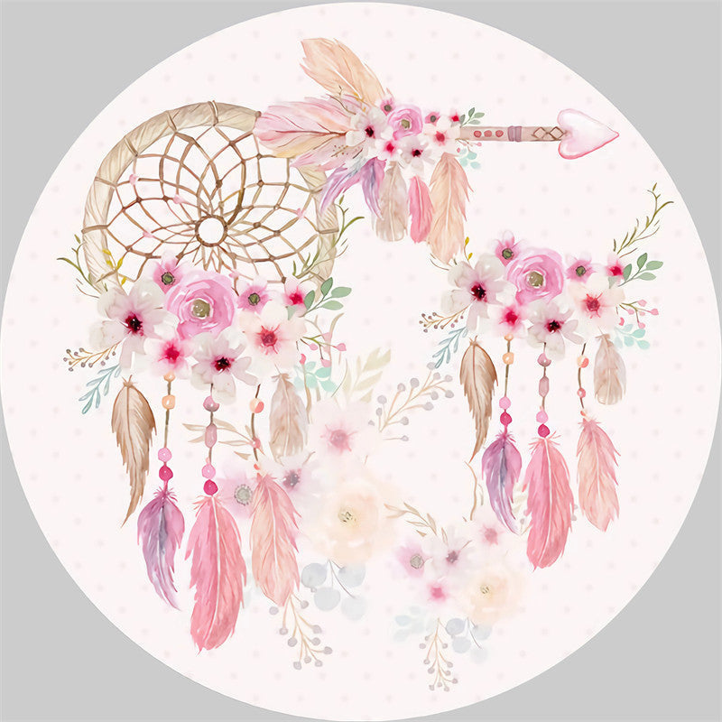 Aperturee - Pink Floral Dreamcatcher Round Birthday Backdrop Kit