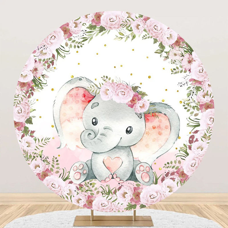 Aperturee - Pink Floral Elephant Cute Round Baby Shower Backdrop