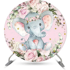 Aperturee - Pink Floral Elephant Dot Round Baby Shower Backdrop