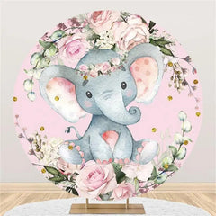 Aperturee - Pink Floral Elephant Dot Round Baby Shower Backdrop