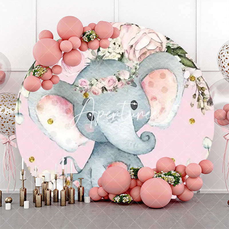 Aperturee - Pink Floral Elephant Dot Round Baby Shower Backdrop