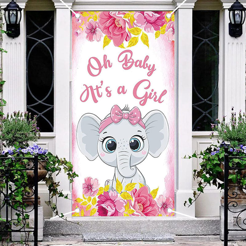 Aperturee - Pink Floral Elephant Girls Baby Shower Door Cover