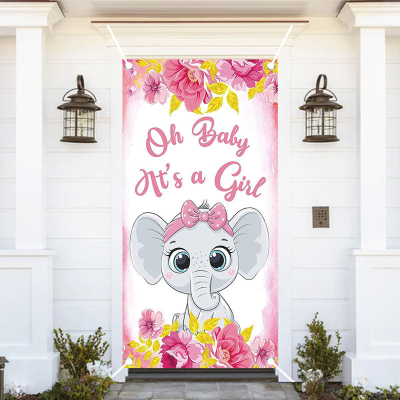 Aperturee - Pink Floral Elephant Girls Baby Shower Door Cover