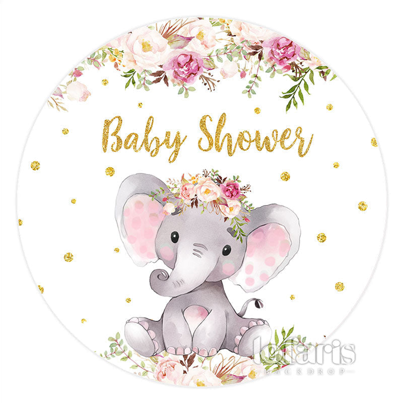 Aperturee Pink Floral Elephant Glitter Round Baby Shower Backdrop