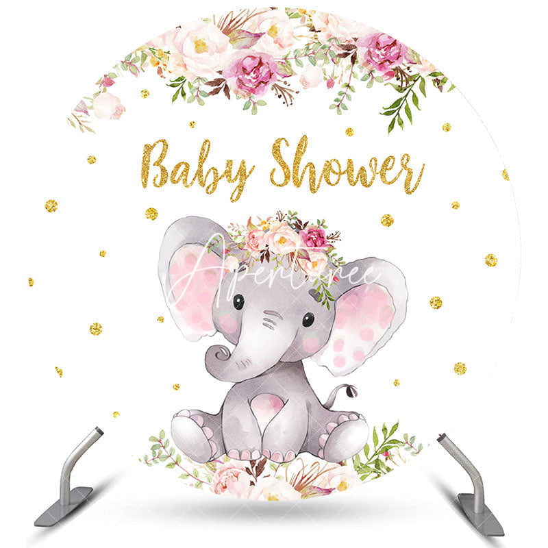 Aperturee Pink Floral Elephant Glitter Round Baby Shower Backdrop