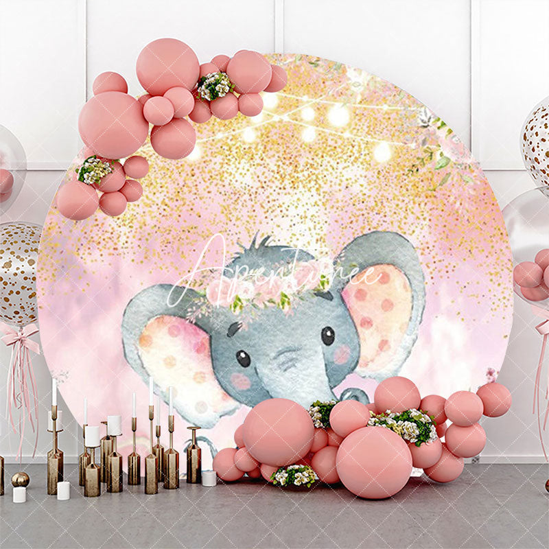 Aperturee - Pink Floral Elephant Gold Round Baby Shower Backdrop