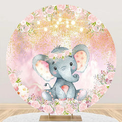 Aperturee - Pink Floral Elephant Gold Round Baby Shower Backdrop