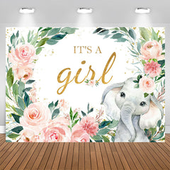 Aperturee - Pink Floral Elephant Its A Girl Baby Shower Backdrop