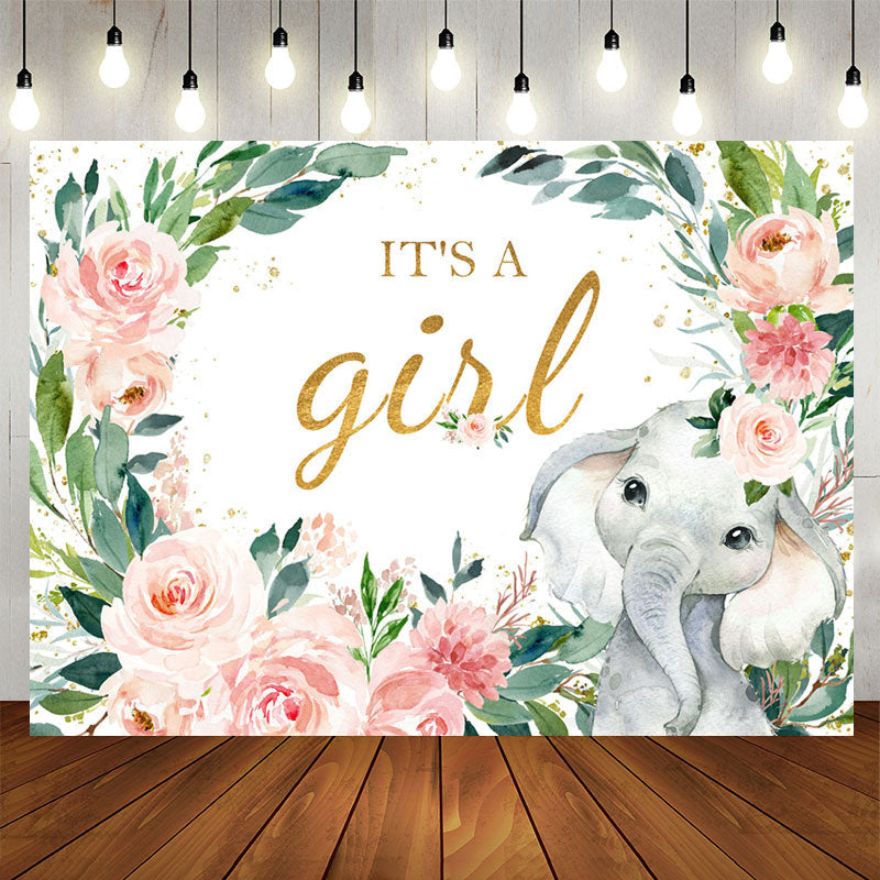 Aperturee - Pink Floral Elephant Its A Girl Baby Shower Backdrop