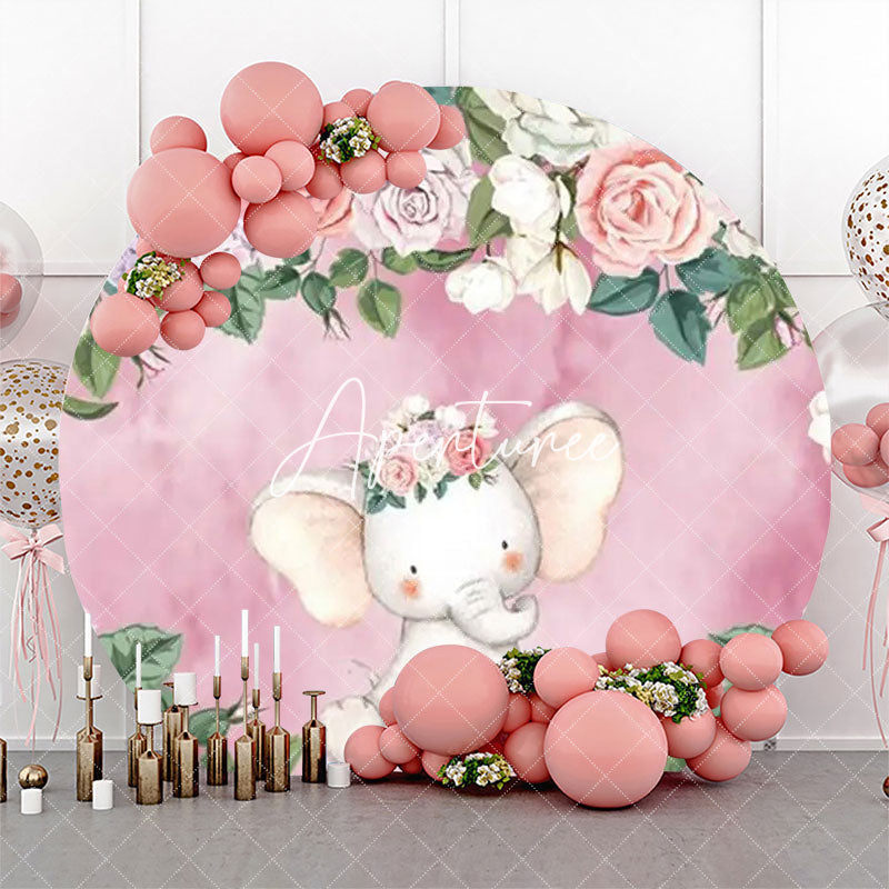 Aperturee - Pink Floral Elephant Leaf Round Baby Shower Backdrop