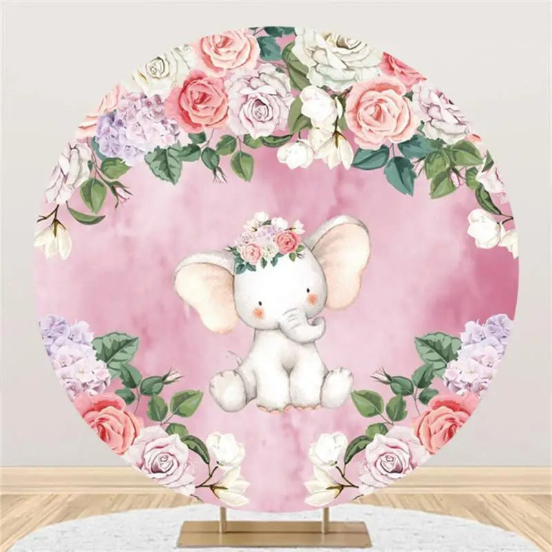 Aperturee - Pink Floral Elephant Leaf Round Baby Shower Backdrop