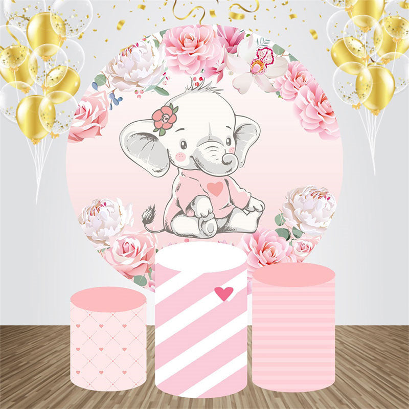 Aperturee - Pink Floral Elephant Round Baby Shower Backdrop Kit