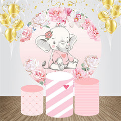 Aperturee - Pink Floral Elephant Round Baby Shower Backdrop Kit