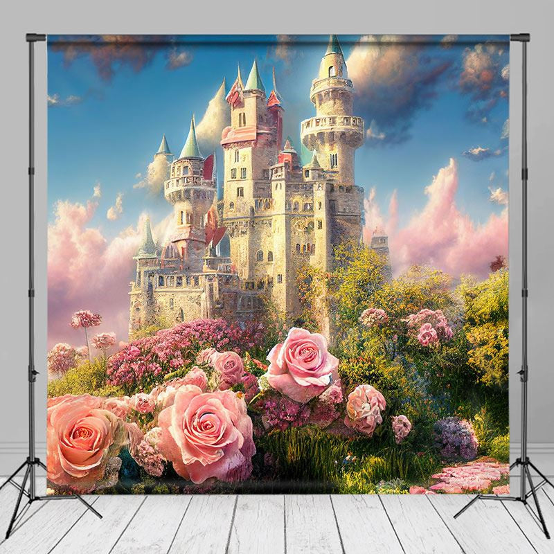 Aperturee - Pink Floral Fantasy Fairy Tale Castle Phtot Backdrop