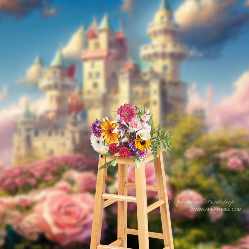 Aperturee - Pink Floral Fantasy Fairy Tale Castle Phtot Backdrop