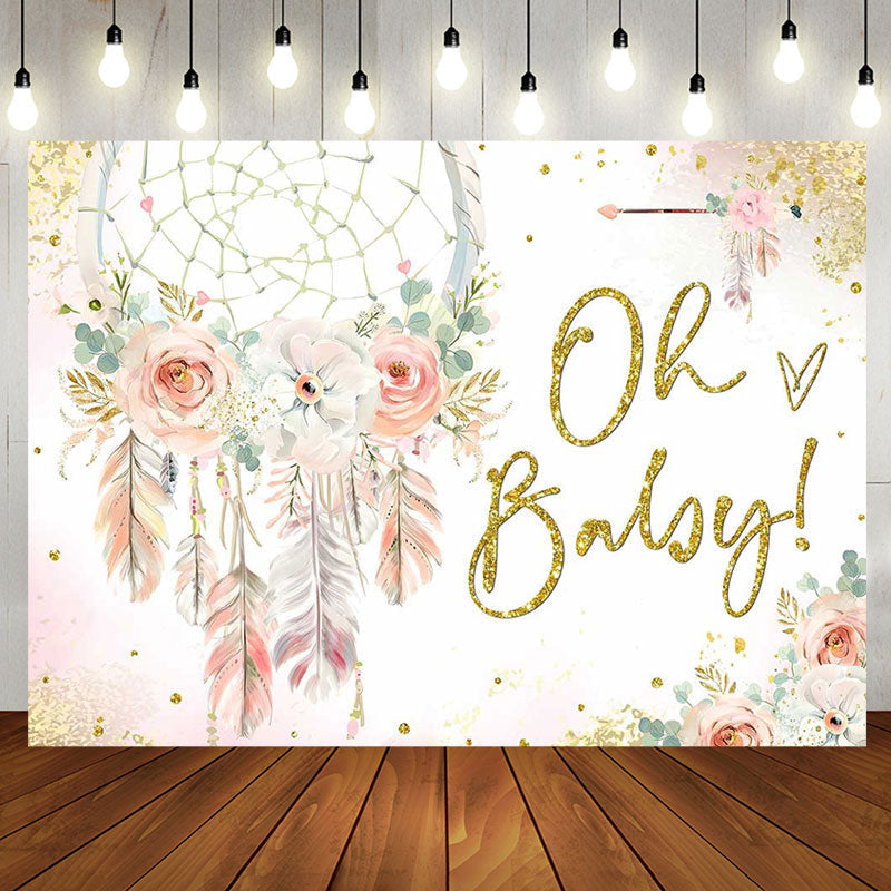 Aperturee - Pink Floral Feather Boho Backdrop For Baby Shower