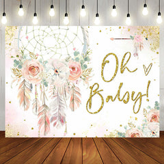 Aperturee - Pink Floral Feather Boho Backdrop For Baby Shower