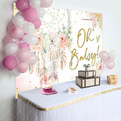 Aperturee - Pink Floral Feather Boho Backdrop For Baby Shower