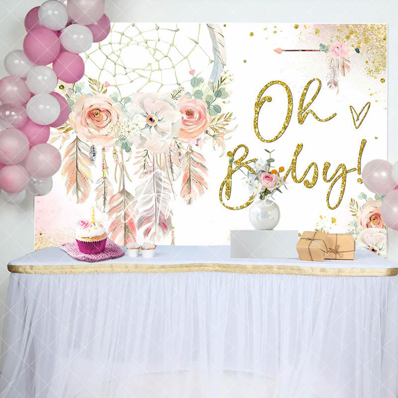 Aperturee - Pink Floral Feather Boho Backdrop For Baby Shower