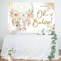 Aperturee - Pink Floral Feather Boho Backdrop For Baby Shower