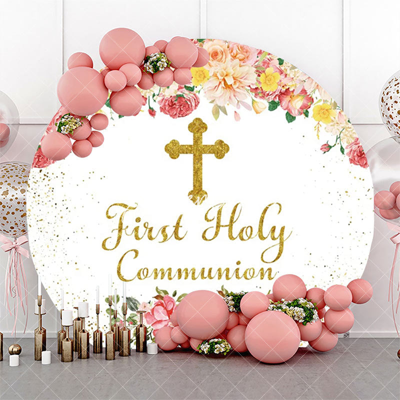 Aperturee - Pink Floral First Holy Communion Baptism Backdrop