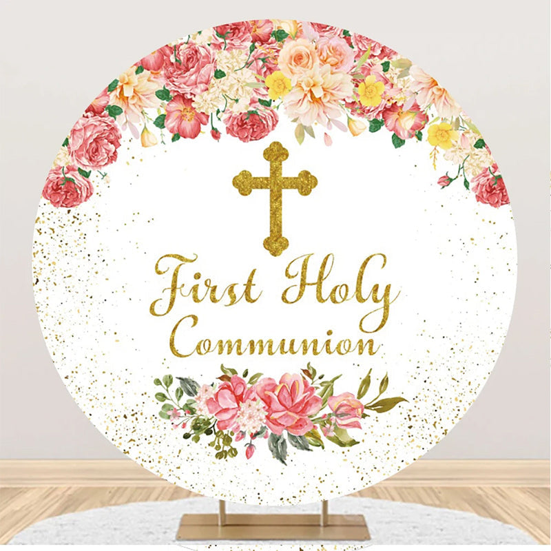 Aperturee - Pink Floral First Holy Communion Baptism Backdrop