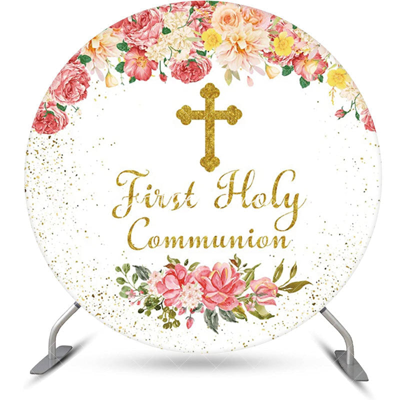 Aperturee - Pink Floral First Holy Communion Baptism Backdrop