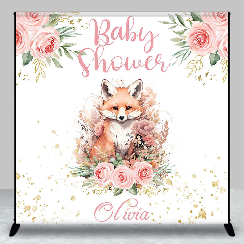 Aperturee - Pink Floral Fox Leaves Custom Baby Shower Backdrop