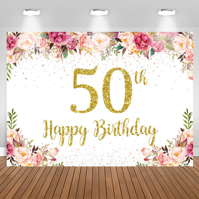 Aperturee - Pink Floral Glitter 50th Birthday Backdrop For Women