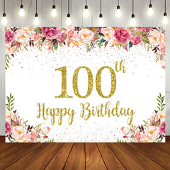 Aperturee - Pink Floral Glitter Gold White 100th Birthday Backdrop