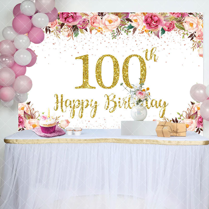 Aperturee - Pink Floral Glitter Gold White 100th Birthday Backdrop