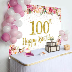 Aperturee - Pink Floral Glitter Gold White 100th Birthday Backdrop