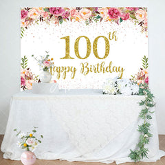 Aperturee - Pink Floral Glitter Gold White 100th Birthday Backdrop