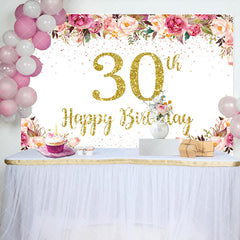 Aperturee - Pink Floral Glitter Gold White 30th Birthday Backdrop