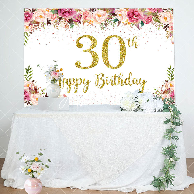 Aperturee - Pink Floral Glitter Gold White 30th Birthday Backdrop