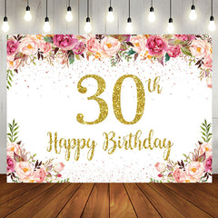 Aperturee - Pink Floral Glitter Gold White 30th Birthday Backdrop