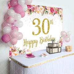 Aperturee - Pink Floral Glitter Gold White 30th Birthday Backdrop