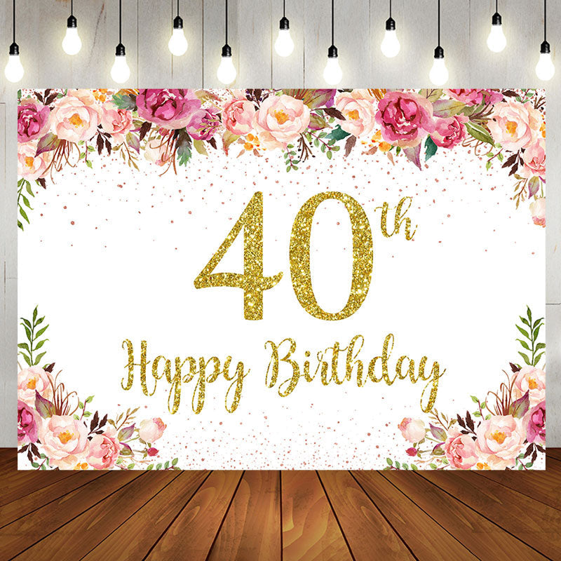 Aperturee - Pink Floral Glitter Gold White 40th Birthday Backdrop