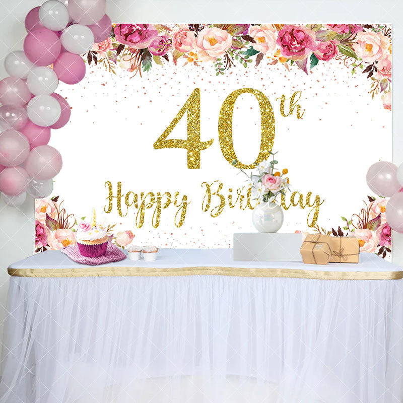 Aperturee - Pink Floral Glitter Gold White 40th Birthday Backdrop