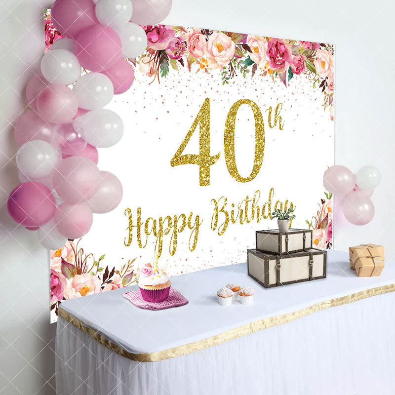 Aperturee - Pink Floral Glitter Gold White 40th Birthday Backdrop