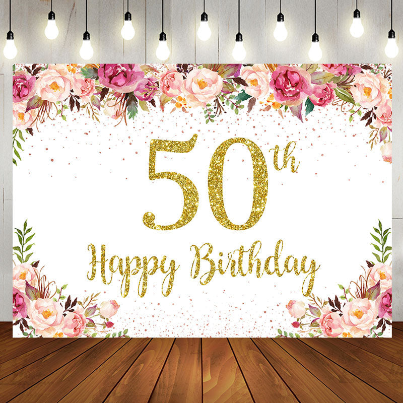 Aperturee - Pink Floral Glitter Gold White 50th Birthday Backdrop