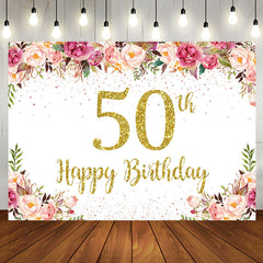 Aperturee - Pink Floral Glitter Gold White 50th Birthday Backdrop