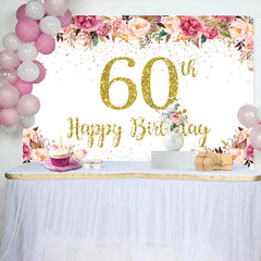 Aperturee - Pink Floral Glitter Gold White 60th Birthday Backdrop