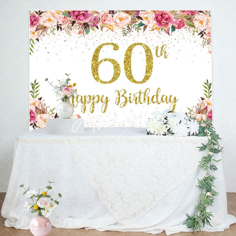 Aperturee - Pink Floral Glitter Gold White 60th Birthday Backdrop