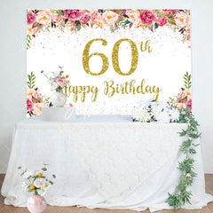 Aperturee - Pink Floral Glitter Gold White 60th Birthday Backdrop