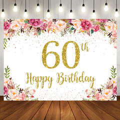 Aperturee - Pink Floral Glitter Gold White 60th Birthday Backdrop