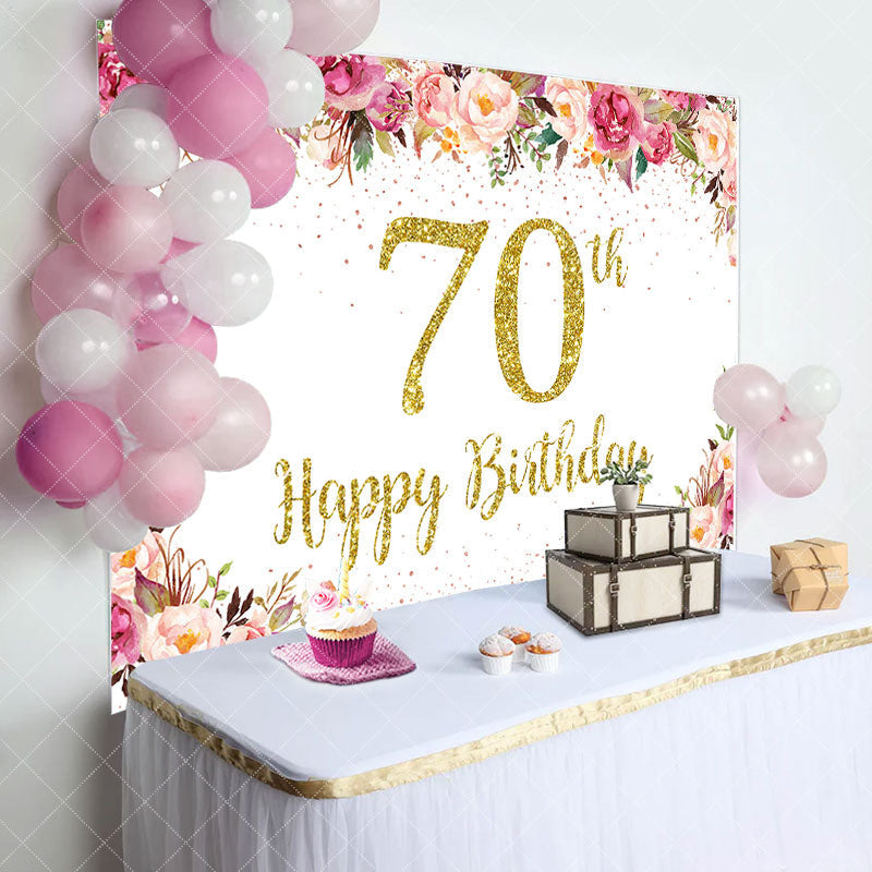 Aperturee - Pink Floral Glitter Gold White 70th Birthday Backdrop