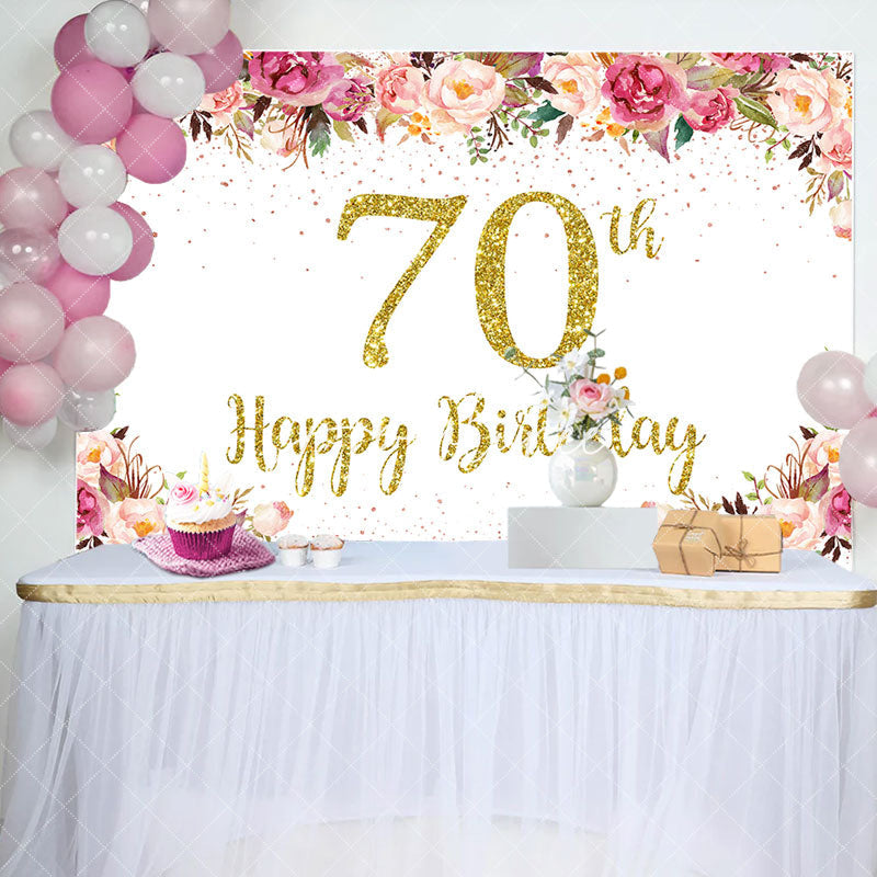 Aperturee - Pink Floral Glitter Gold White 70th Birthday Backdrop