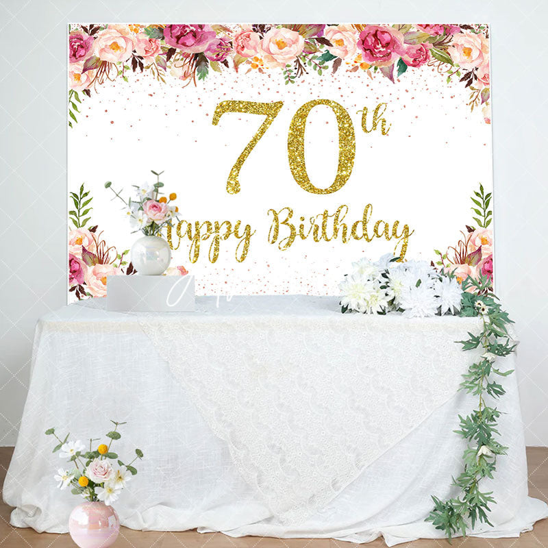 Aperturee - Pink Floral Glitter Gold White 70th Birthday Backdrop